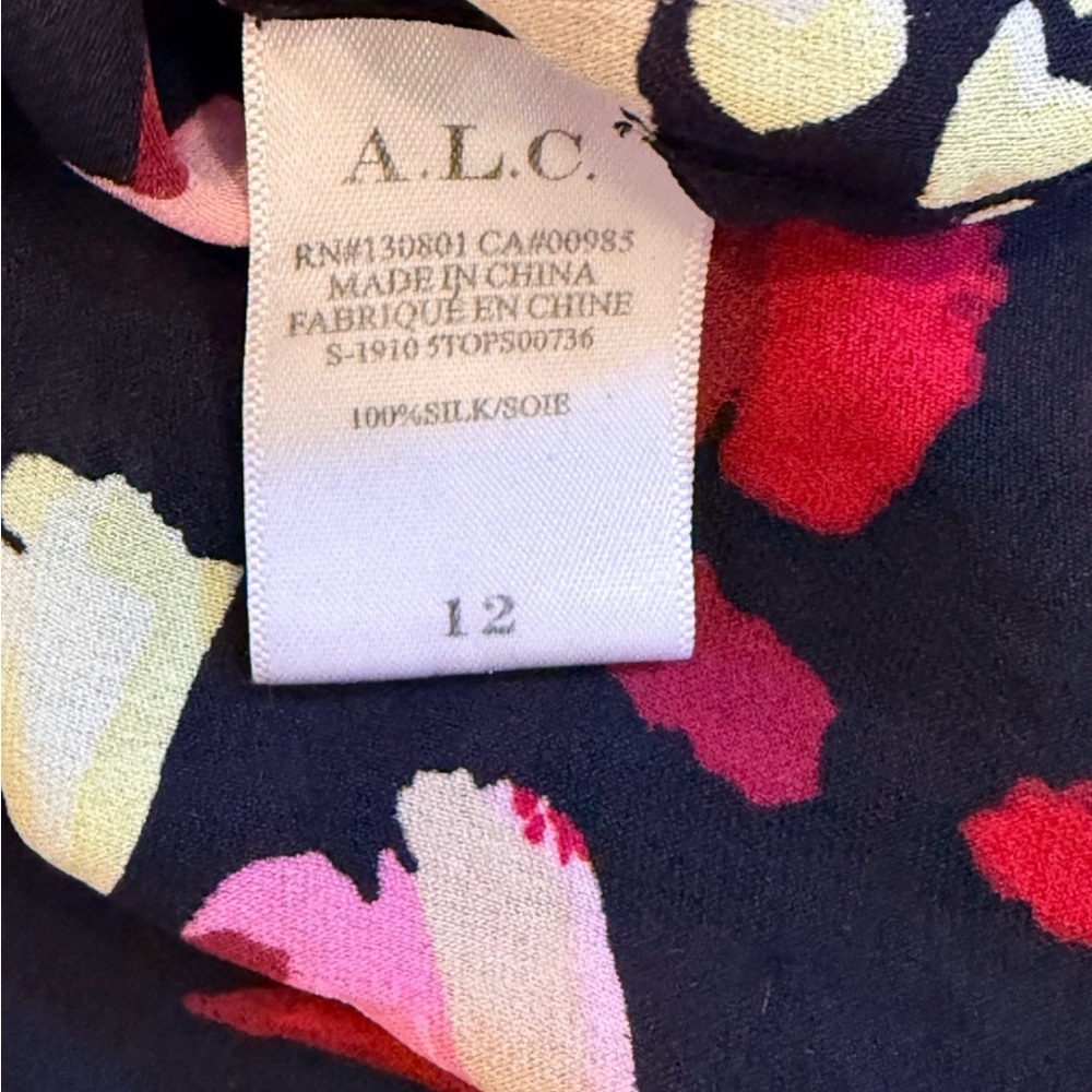 A.L.C. Rivera 100% Silk Floral Blouse Size 12 Black Pink AS-IS Flaws - Picture 9 of 12